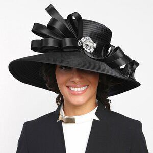 Elegant Dressy Hat Ribbon Rhinestone Accent Derby Church Brunch Tea